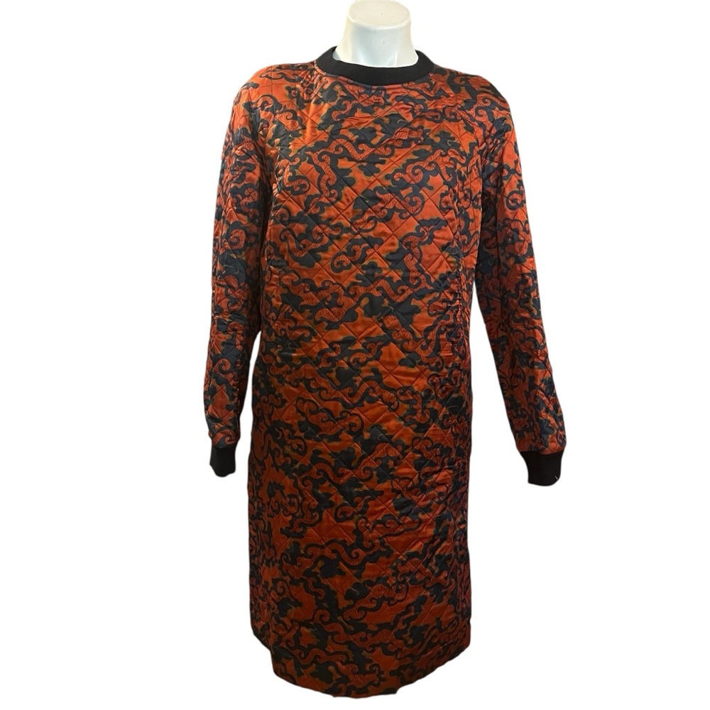 Dries Van Noten Elegant Quilted Navy Blue and Orange Patterned Shift Dress